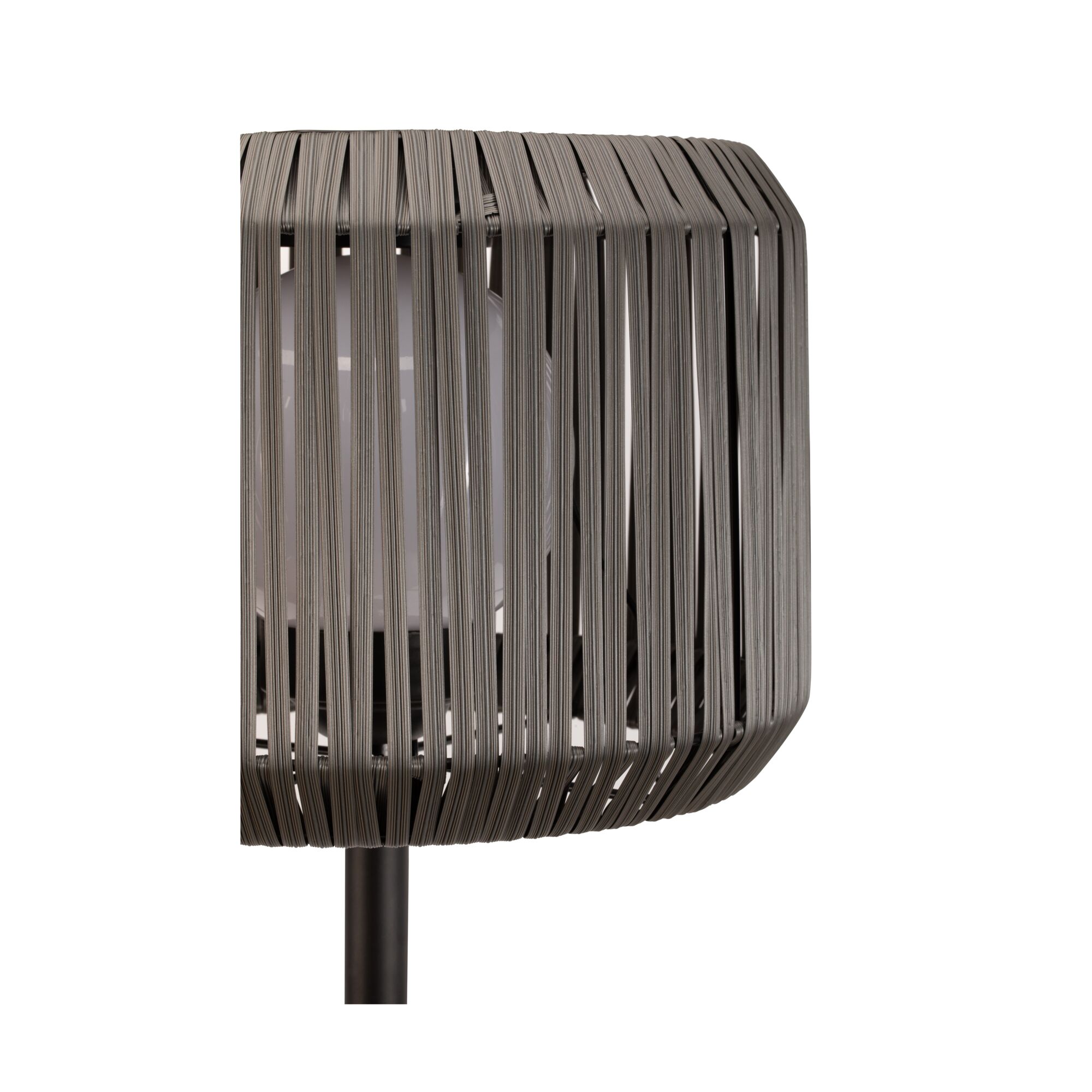 Modern lampshade made of grey plastic strips with visible bulb for stylish indoor lighting