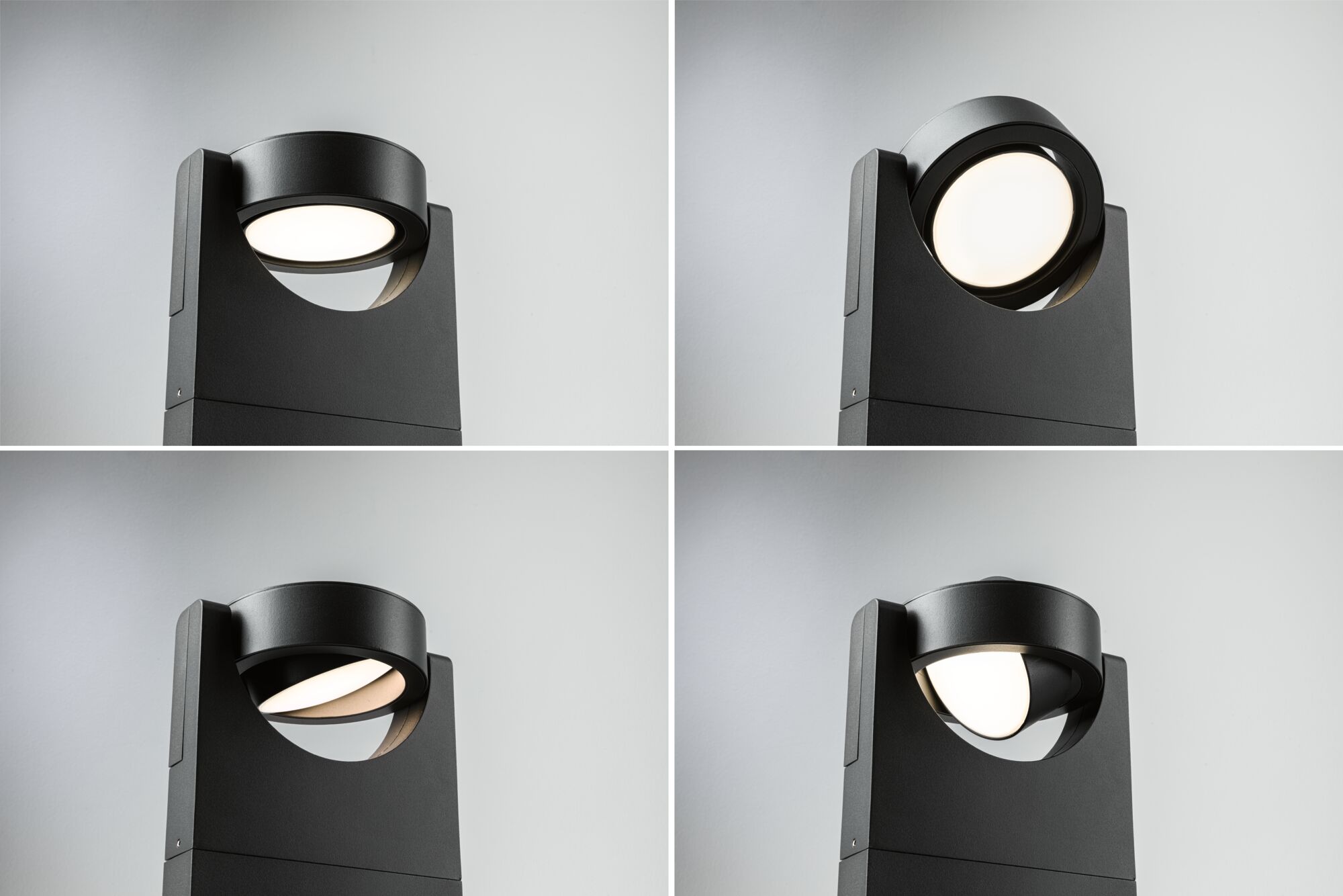 Vier Ansichten eines schwarzen Aluminium-Außenspots mit verstellbarem LED-Leuchtkopf und warmweißem Licht.