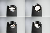 Vier Ansichten eines schwarzen Aluminium-Außenspots mit verstellbarem LED-Leuchtkopf und warmweißem Licht.