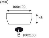 Technical drawing of a square recessed light 100x100 mm with 45 mm depth, LED fixture.