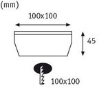 Technical drawing of a square recessed light 100x100 mm with 45 mm depth