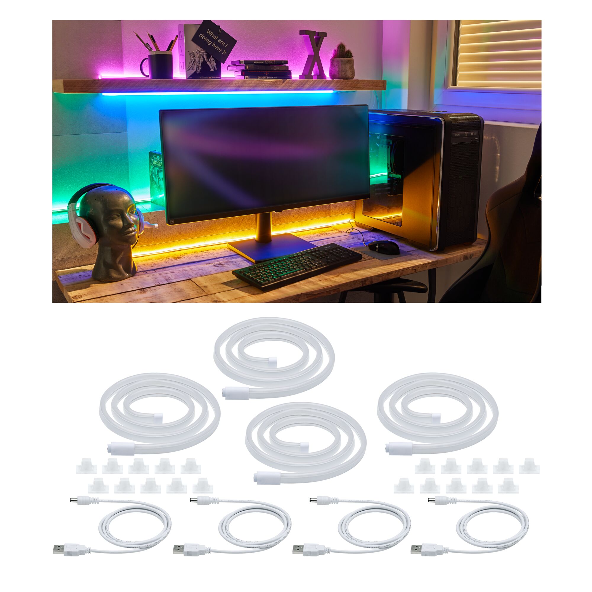 Strip USB LED Neon Colorflex Jeu de couleurs bleu, vert, orange, rose 4x 1m 4x4,5W 10lm/m 120 LEDs/m Kit de bandes LED blanches avec USB et clips pour éclairage d'ambiance coloré au bureau informatique