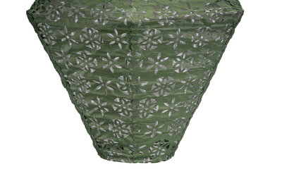 Green fabric lampshade with floral cutouts, decorative lighting accessory for home interiors