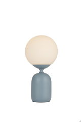 Lampe de table moderne avec base en métal bleu mat et diffuseur en verre blanc rond pour intérieur