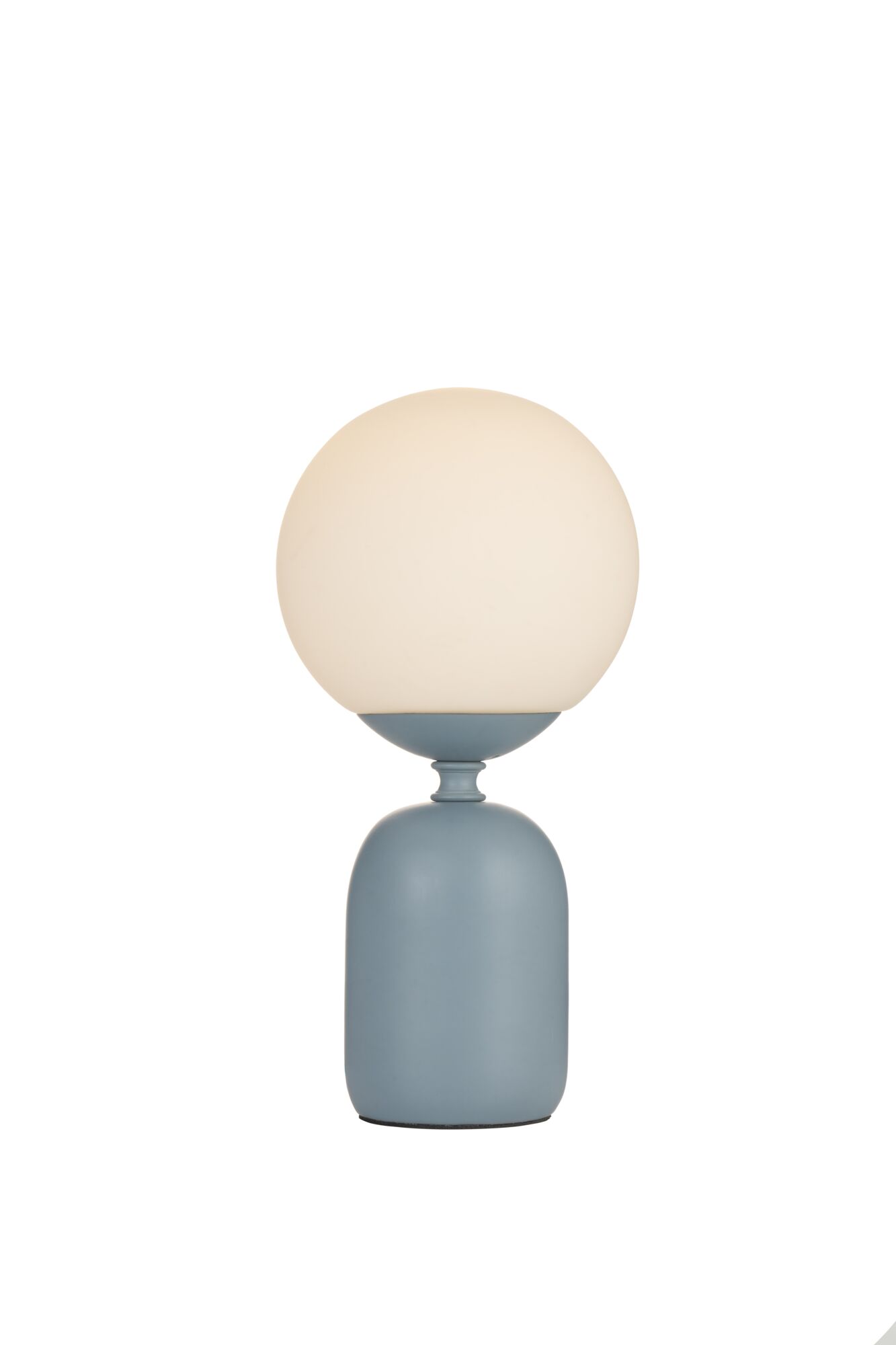 Modern table lamp with matte blue metal base and round white glass diffuser for living spaces
