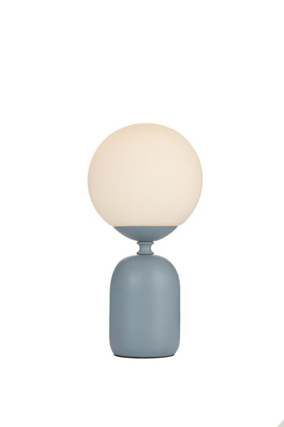 Modern table lamp with matte blue metal base and round white glass diffuser for living spaces