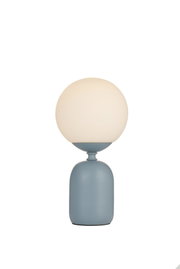 Modern table lamp with matte blue metal base and white glass shade for stylish home lighting