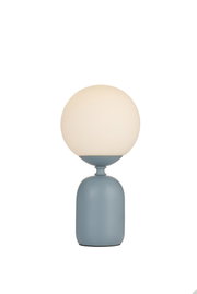 Modern table lamp with matte blue metal base and white glass shade for stylish home lighting