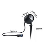 Black LED garden spotlight with ground spike and cable, 90 mm diameter, 261 mm height, outdoor lighting
