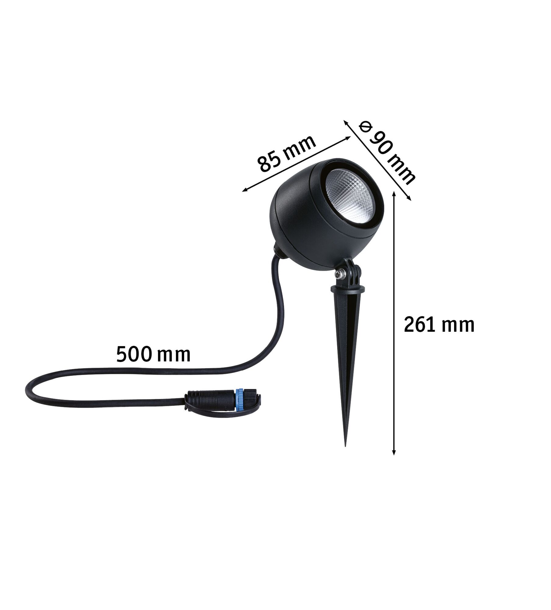 Black LED garden spotlight with ground spike and cable, 90 mm diameter, 261 mm height, outdoor lighting