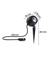 Schwarze LED-Gartenleuchte mit Erdspieß und Kabel, Maße 90 mm Durchmesser, 261 mm Höhe, Außenbeleuchtung
