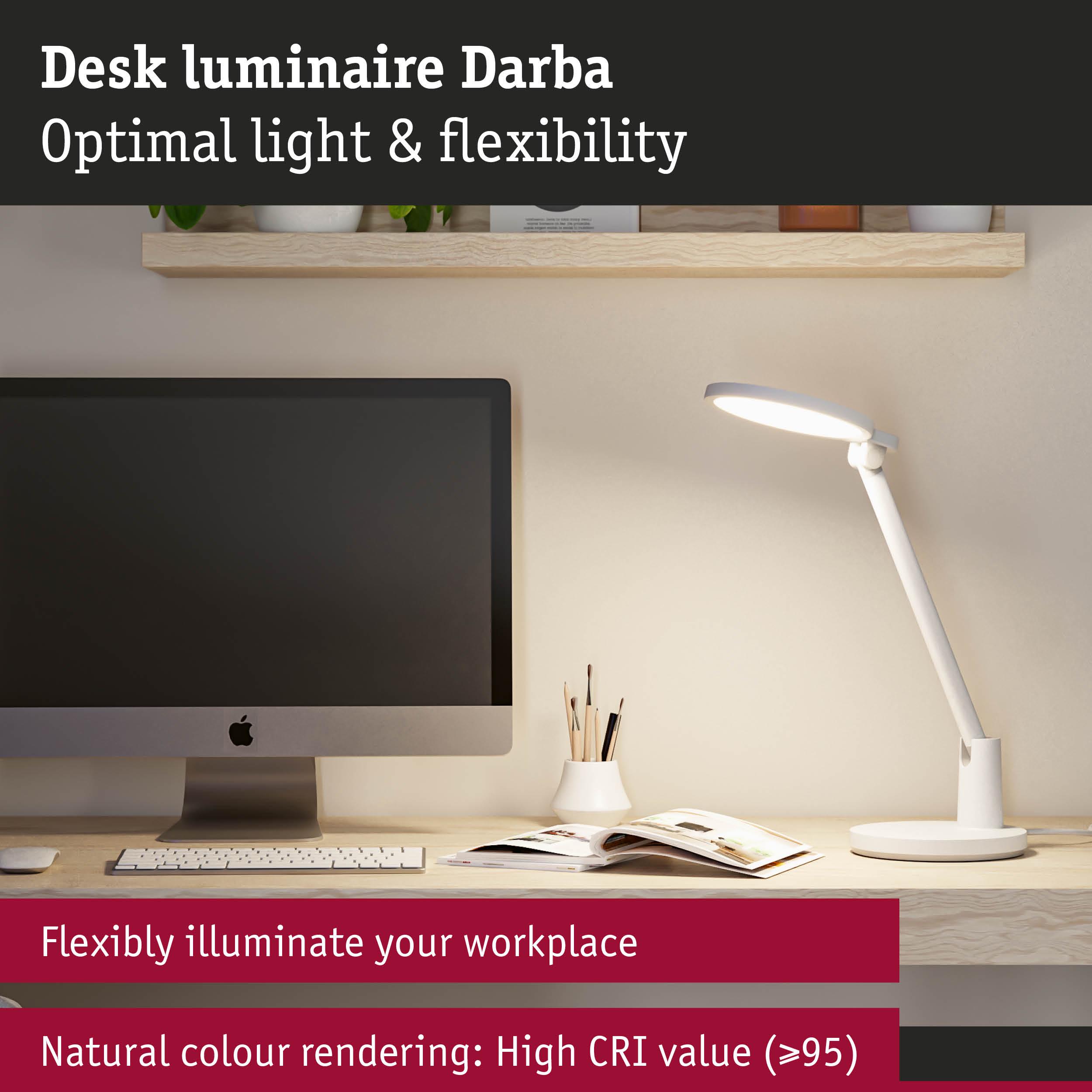 White Darba desk lamp made of plastic with flexible arm and high CRI for natural colour rendering at workspace