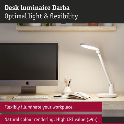 White Darba desk lamp made of plastic with flexible arm and high CRI for natural colour rendering at workspace