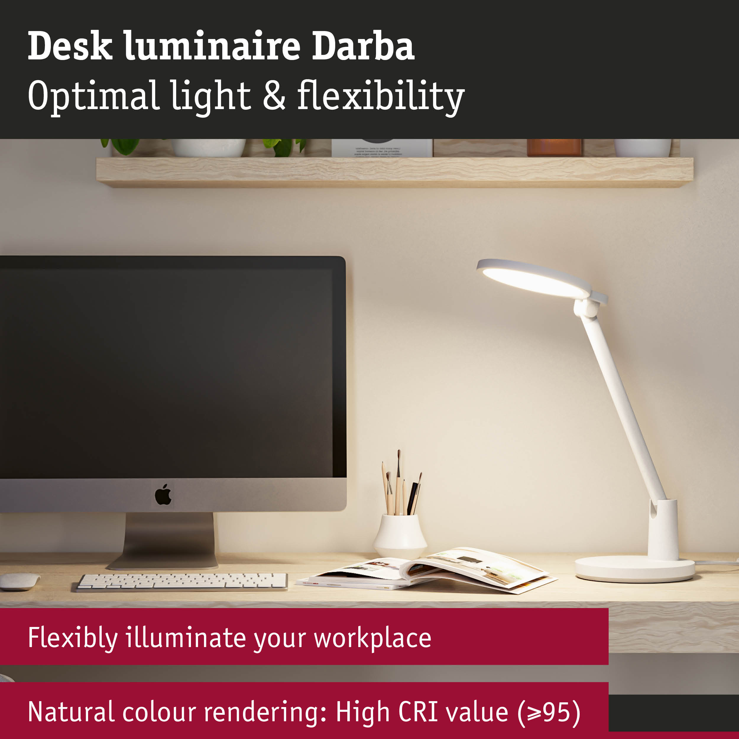 White Darba desk lamp with flexible arm providing optimal lighting for workspaces