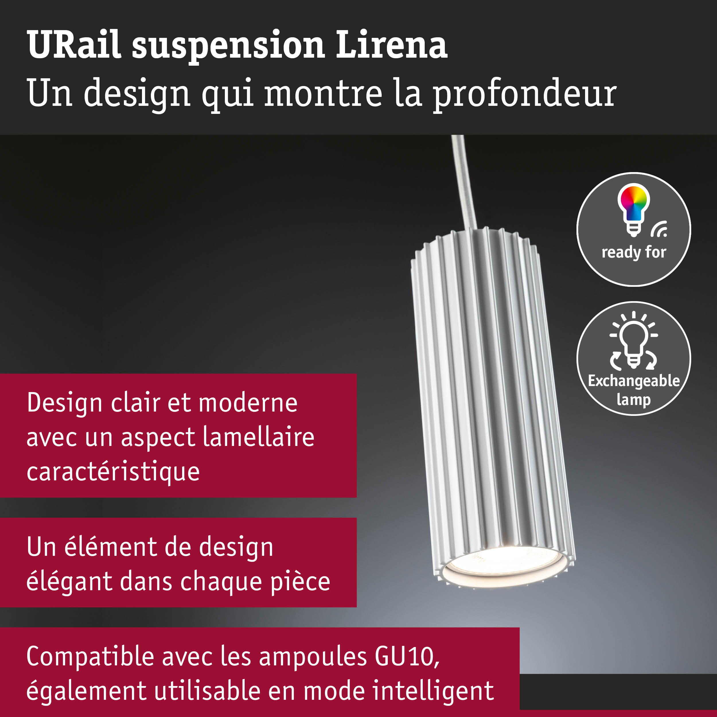 Suspension URail Lirena blanche moderne avec design lamellaire et compatible ampoules GU10