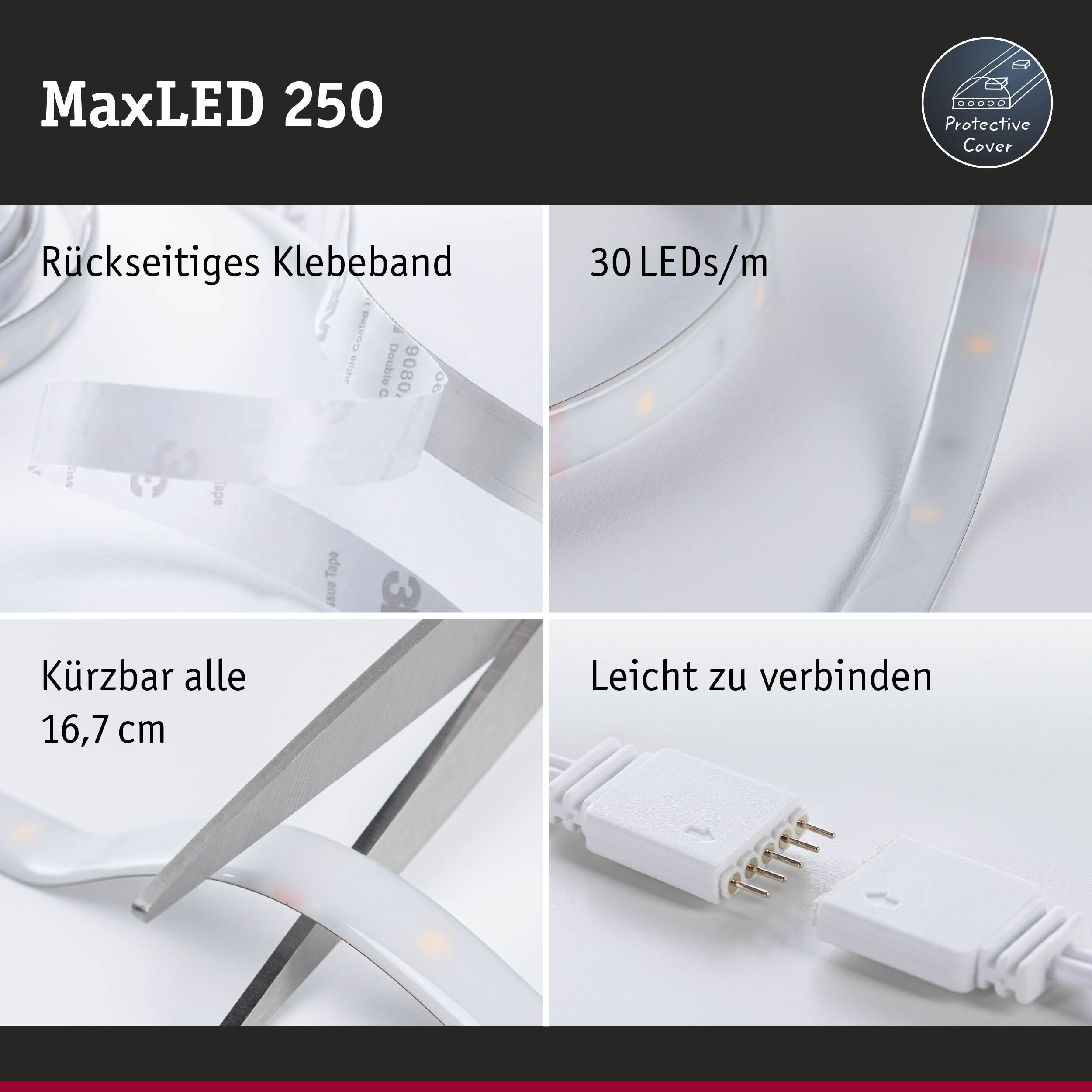 MaxLED 250 LED-Lichtband mit rückseitigem Klebeband, 30 LEDs pro Meter, schneidbar und leicht verbindbar