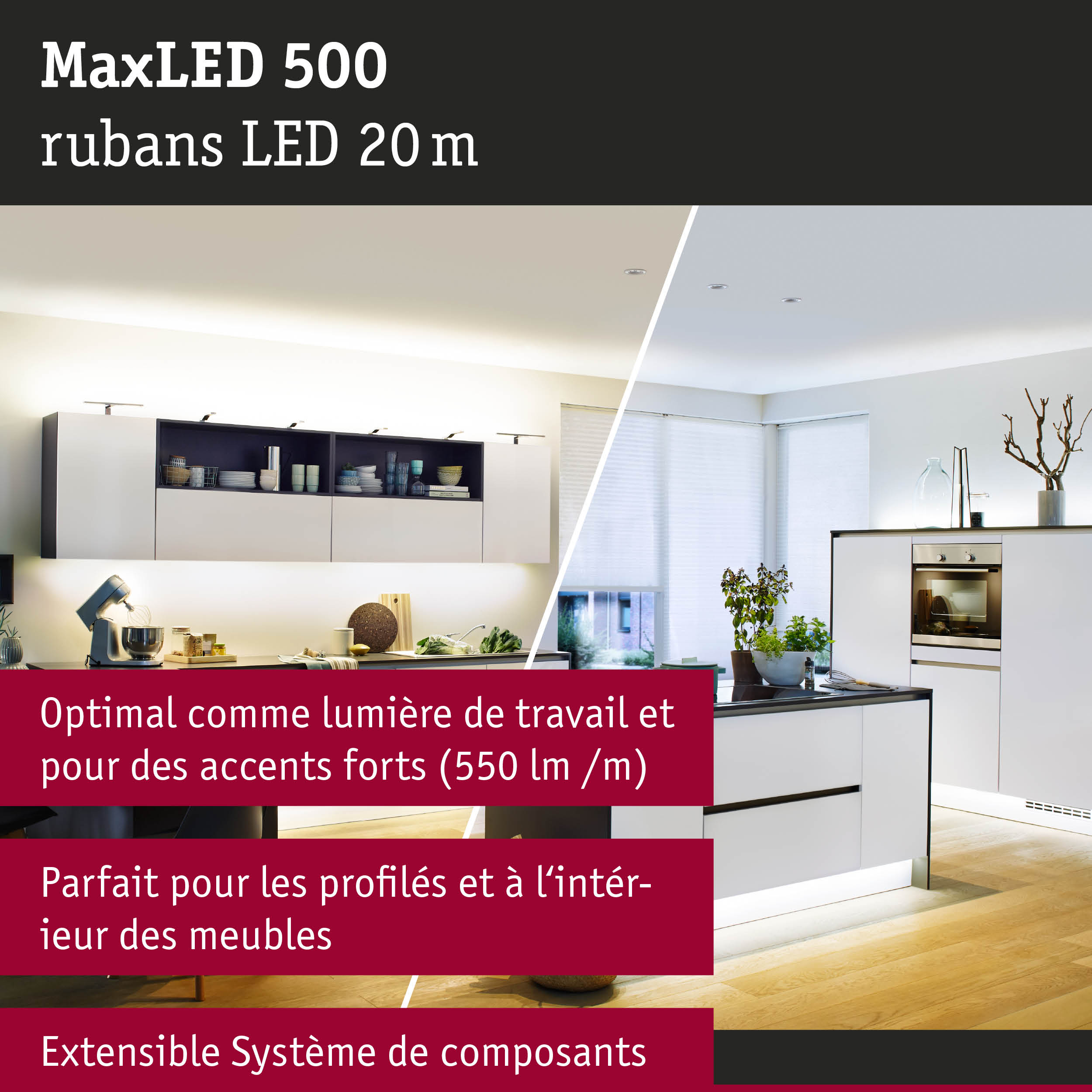 Cuisine blanche moderne avec ruban LED MaxLED 500 pour éclairage de travail et accents lumineux