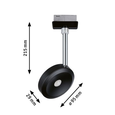 Spot LED noir en métal de 95 mm de diamètre et 215 mm de longueur pour systèmes sur rail