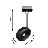 Black metal LED spotlight with 95 mm diameter and 215 mm length for track lighting systems