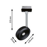 Black LED ceiling light with adjustable head made of metal and plastic, dimensions 215x95x29 mm
