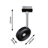 Sort metal LED-spot med 95 mm diameter og 215 mm længde til skinnesystemer