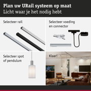 Modulair URail railsysteem met zwarte en witte rails, connectoren en hanglampen