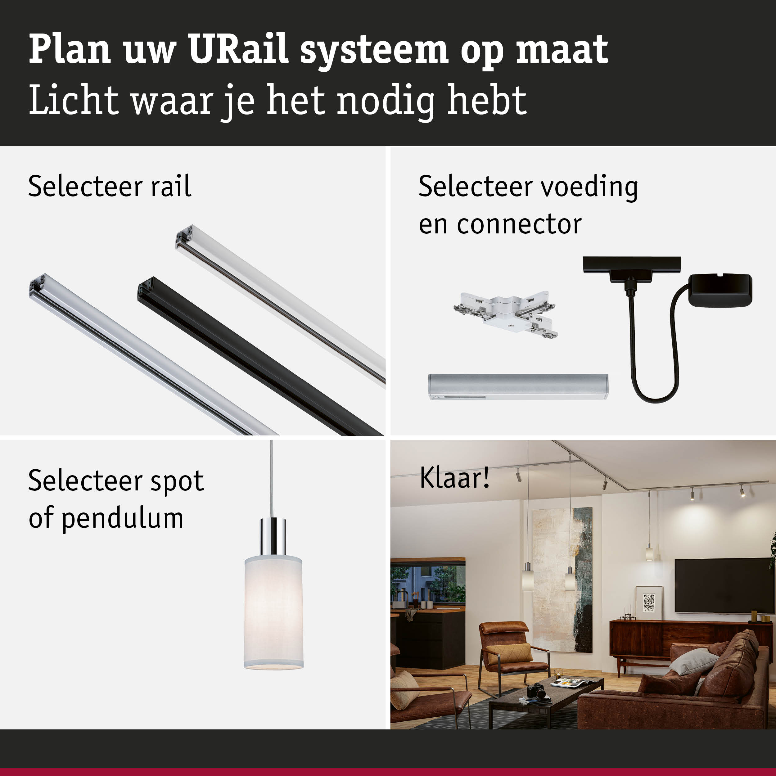 Modulair URail railsysteem met zwarte en witte rails, connectoren en hanglampen