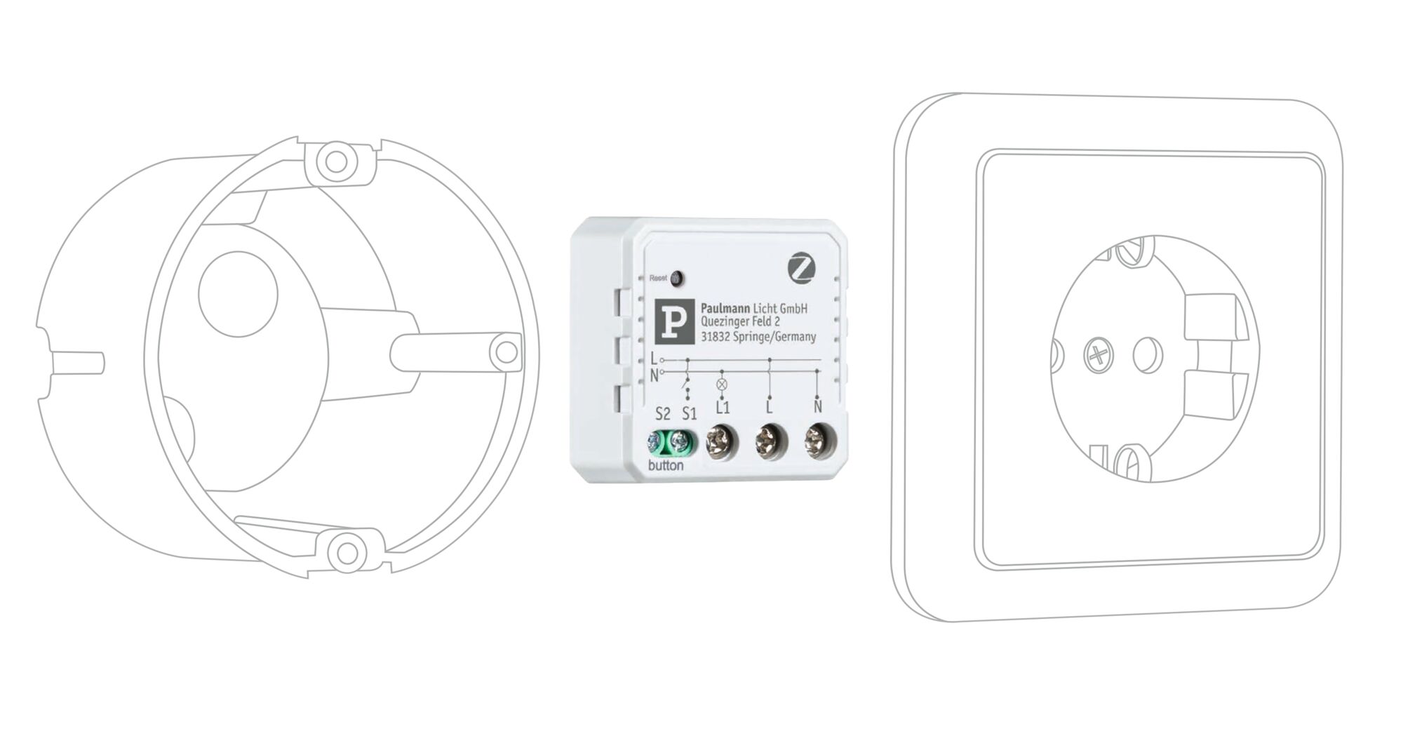 White plastic control unit with terminal connectors shown between sketches of socket and flush-mounted box.