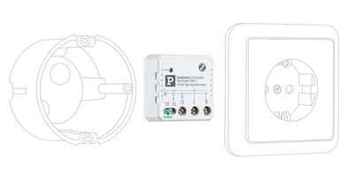 White plastic control unit with terminal connectors shown between sketches of socket and flush-mounted box.