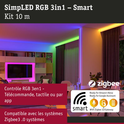 Kit SimpLED RGB 3en1 10 m bande LED intelligente compatible Zigbee 3.0 pour Alexa et Google Assistant