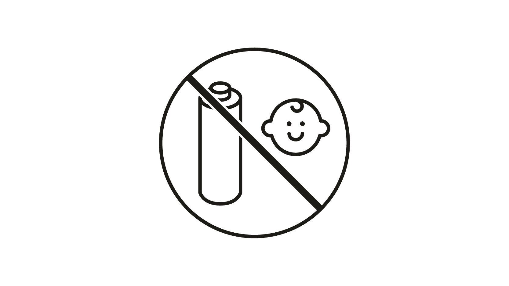 Sikkerhedspiktogram med batteri og baby med forbudsskilt for børnesikkerhed