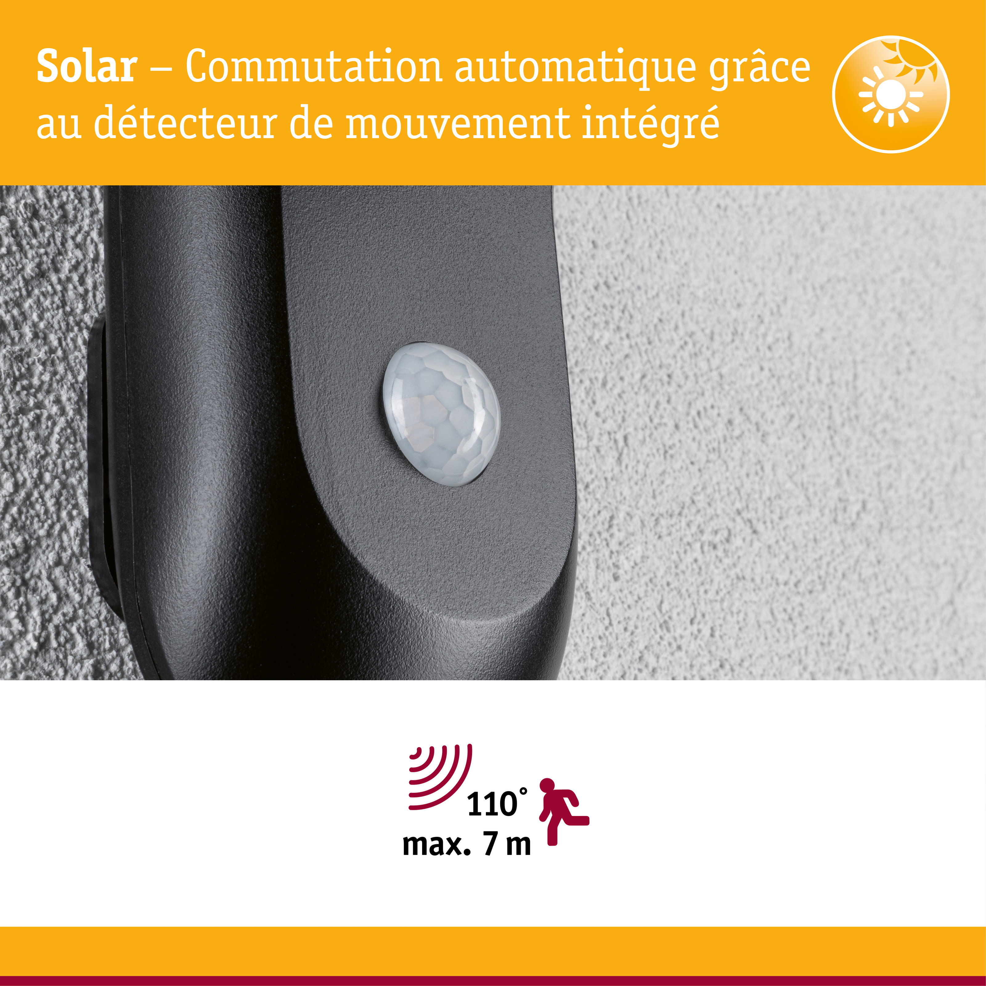 Détecteur de mouvement noir avec capteur solaire intégré pour commutation automatique de lumière jusqu'à 7 mètres