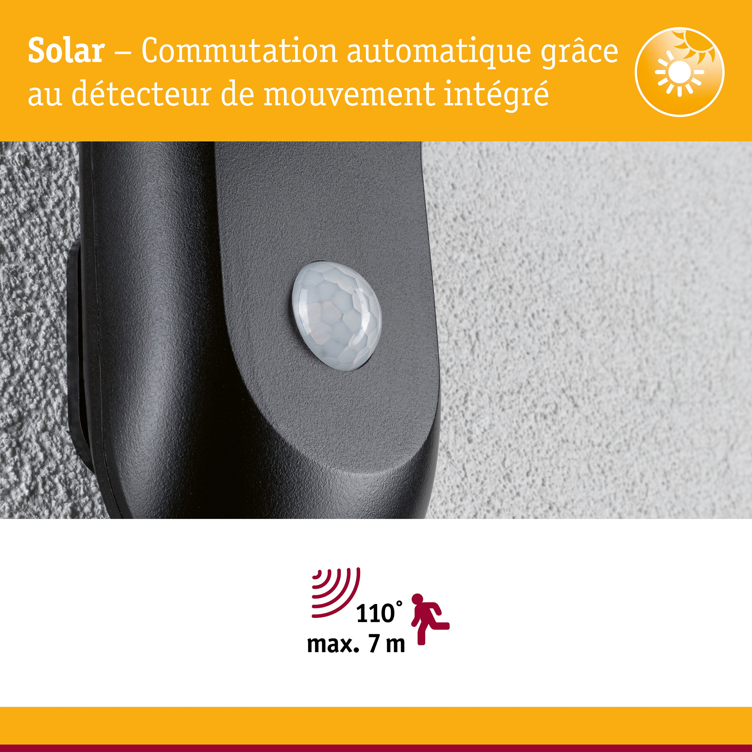 Détecteur de mouvement noir avec capteur solaire intégré pour commutation automatique de lumière jusqu'à 7 mètres