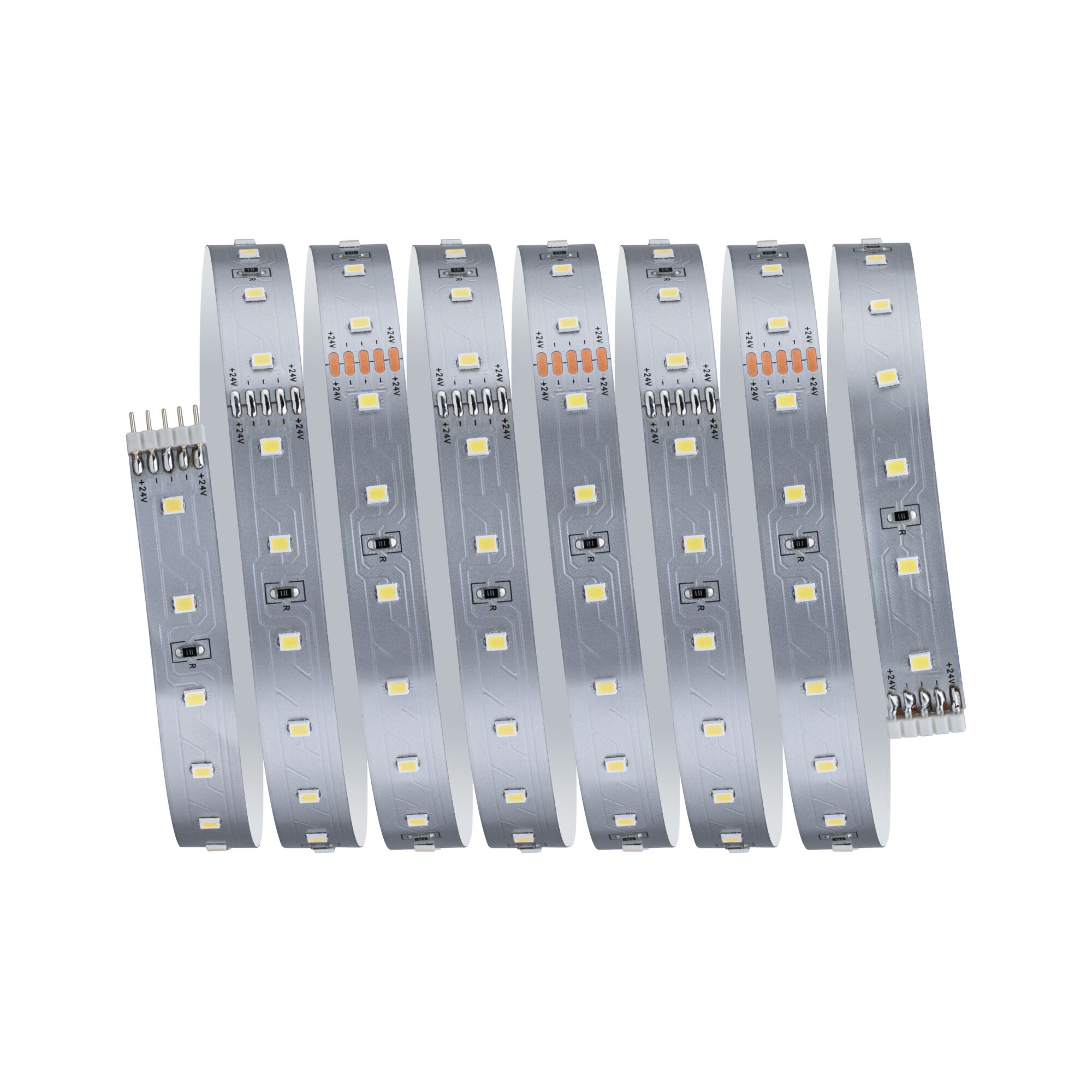Flexible LED strip with white LEDs on silver circuit board for energy-efficient lighting.