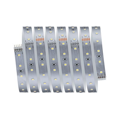 Flexible LED strip with white LEDs on silver circuit board for energy-efficient lighting.