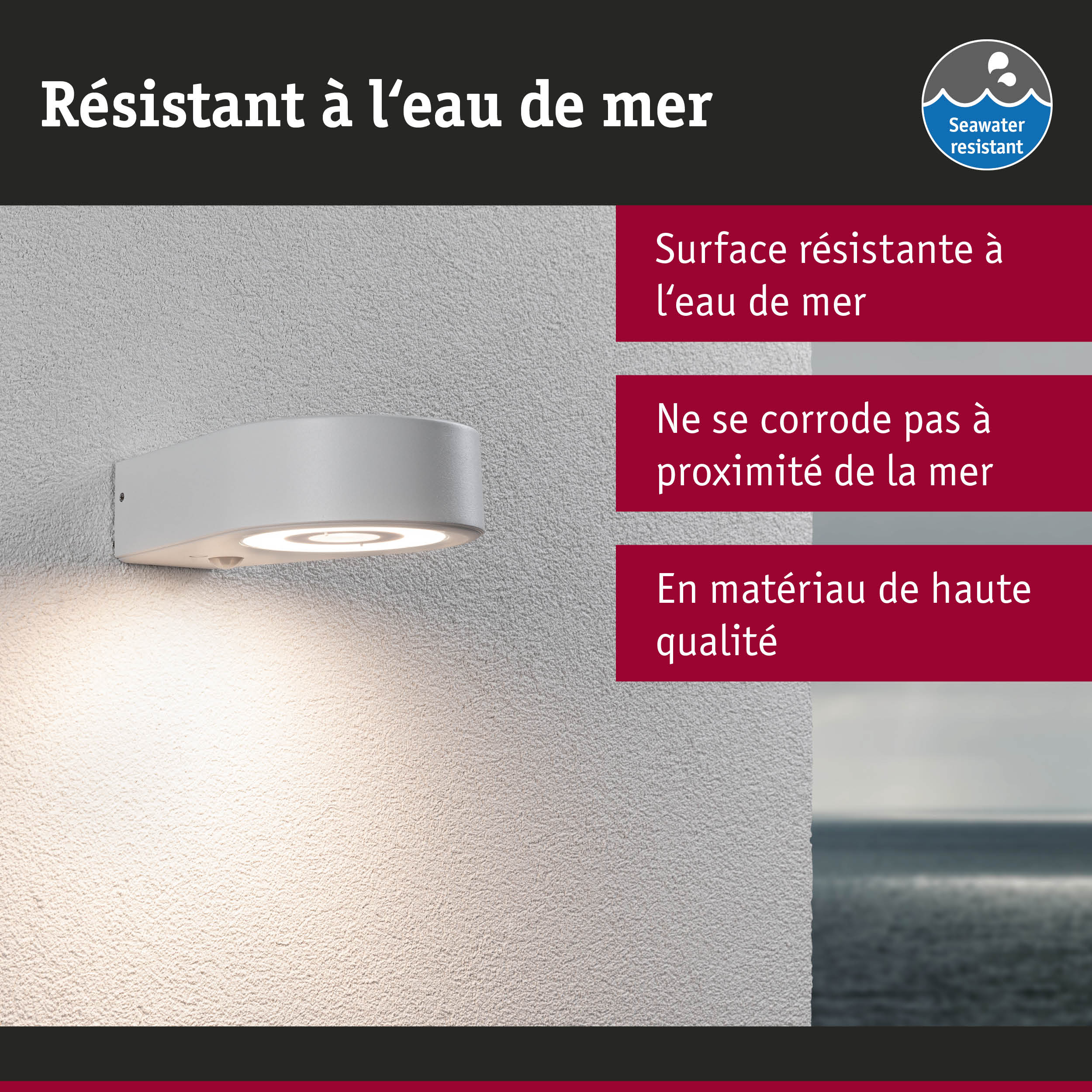 Applique murale grise en matériau de haute qualité, résistante à l'eau de mer pour éclairage extérieur