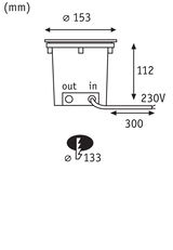 Technical drawing showing dimensions of round recessed light housing 153 mm diameter, 230V connection.