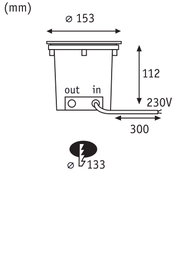Technical drawing of electrical recessed device Ø153 mm with 230V power cable 300 mm length
