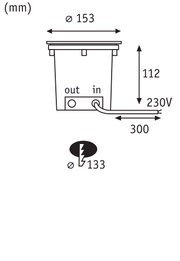 Schéma technique d’un appareil encastré électrique Ø153 mm avec câble d’alimentation 230V de 300 mm