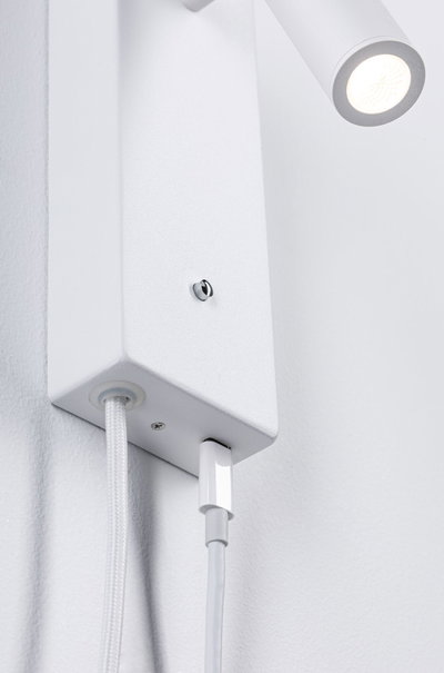 White LED wall light with fabric cable and modern design for energy-efficient indoor lighting