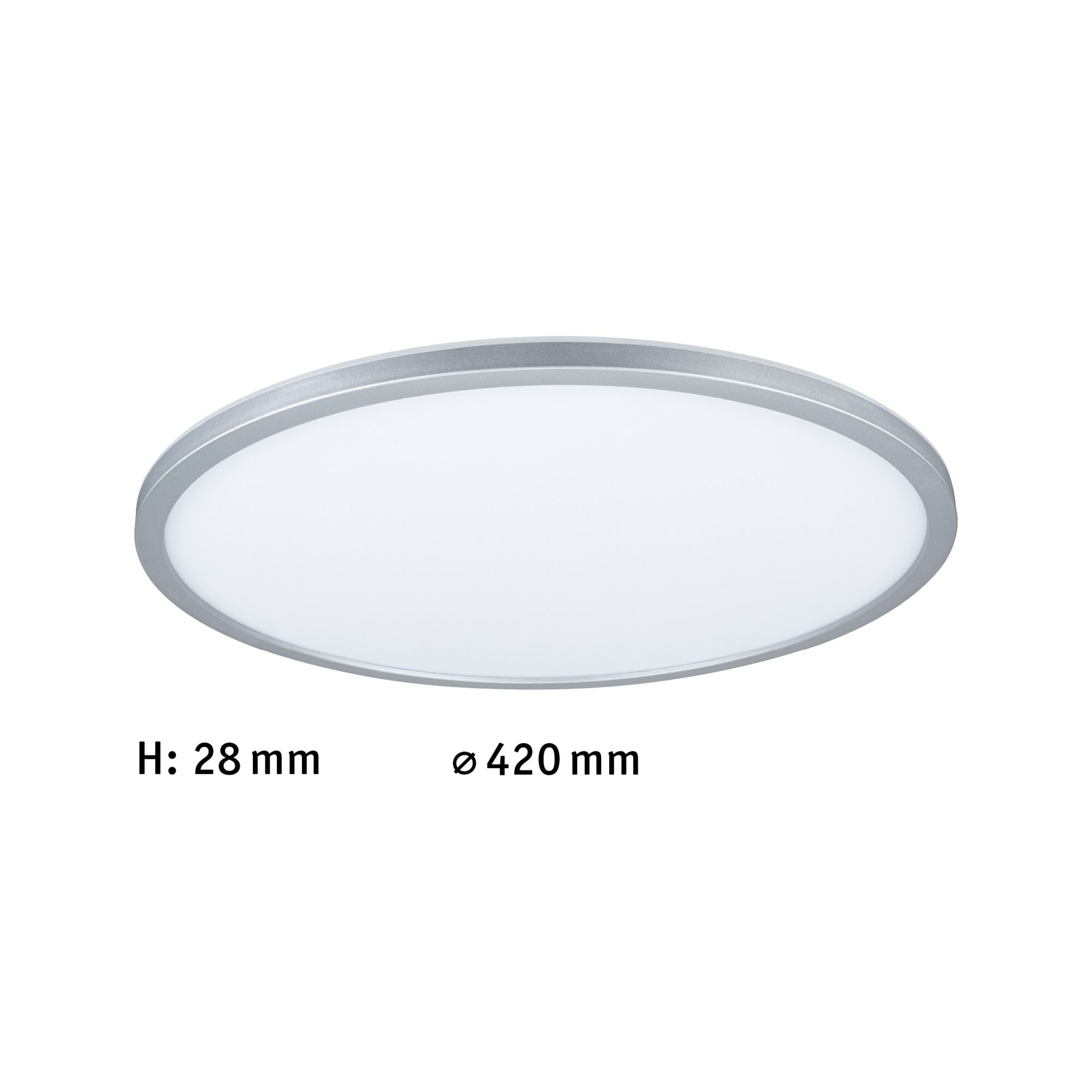 Flat round LED ceiling light with silver aluminum frame and white diffuser, 420 mm diameter