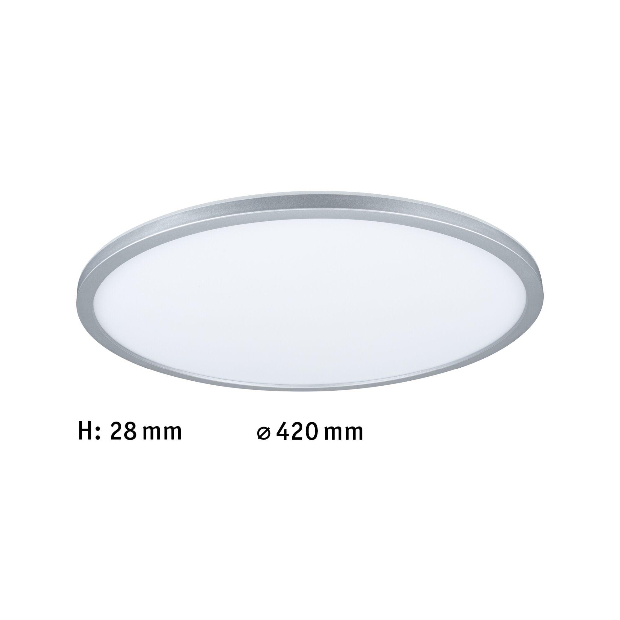 Round ceiling light with silver aluminium frame and white diffuser, energy-saving LED lamp