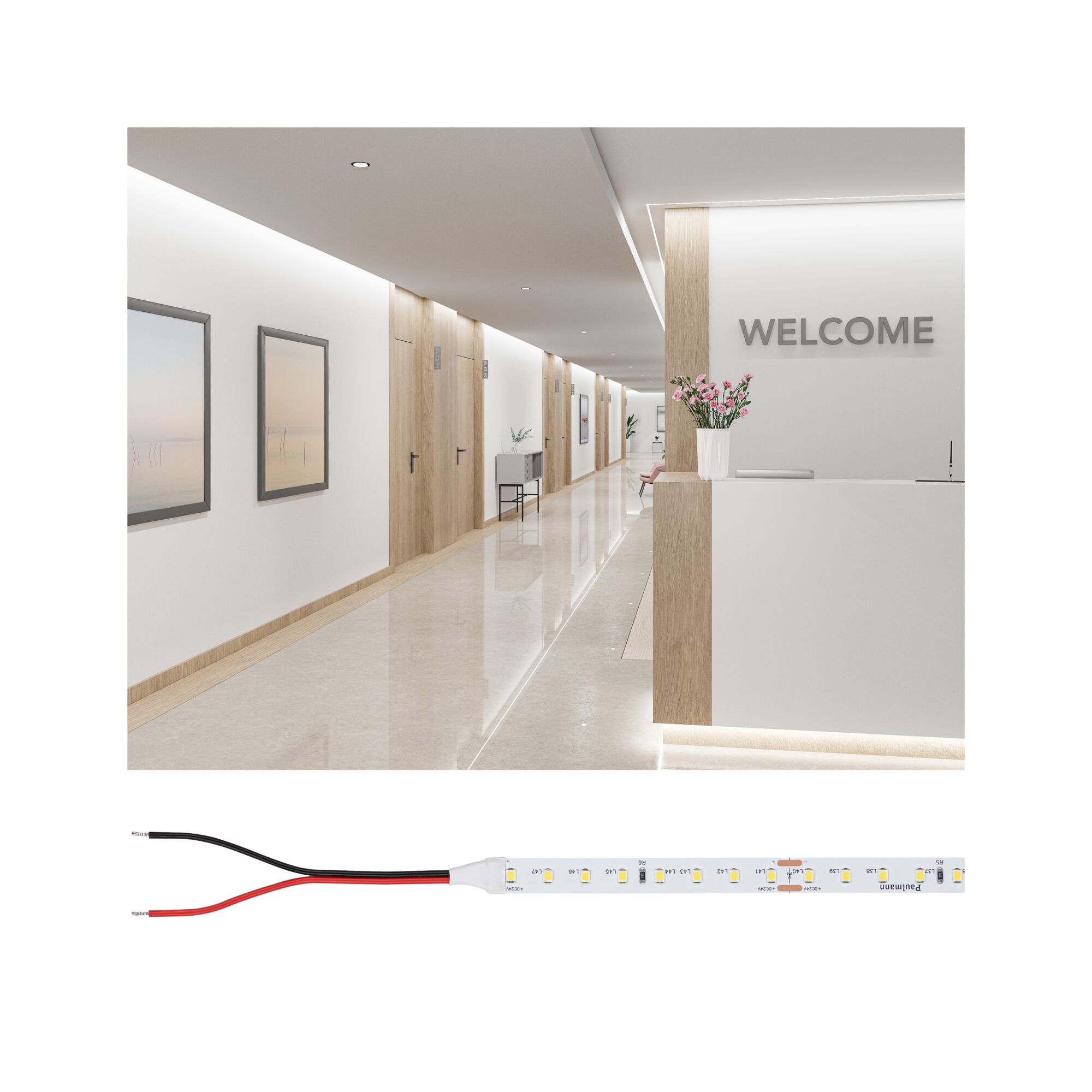 LED-strip met witte LEDs en zwarte en rode draden voor moderne binnenverlichting