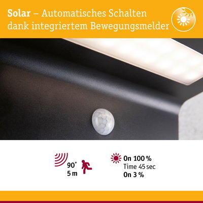Schwarze Solarleuchte mit integriertem Bewegungsmelder und automatischem Schalten bei Bewegungserkennung