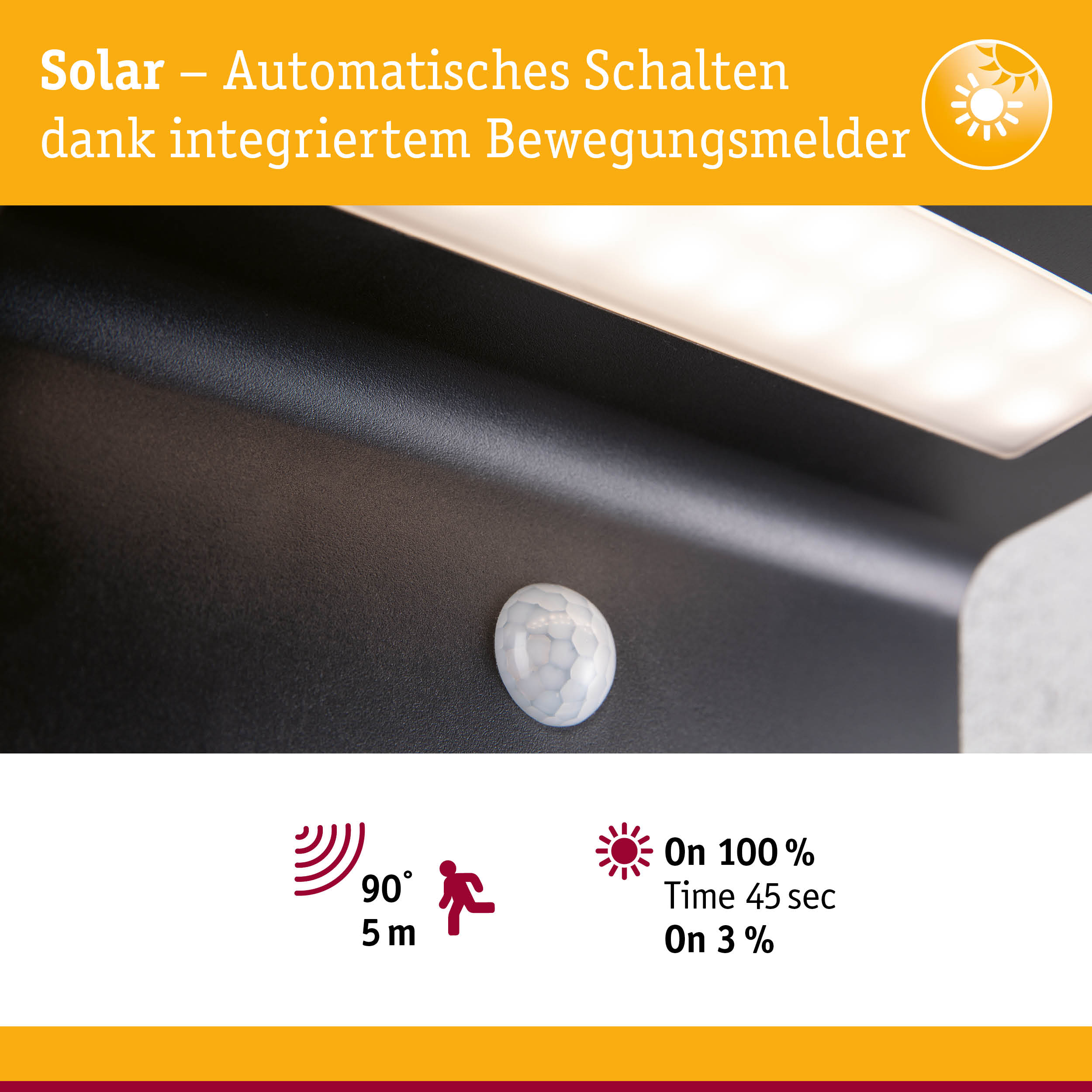 Schwarzer Solarleuchte mit integriertem Bewegungsmelder für automatisches Schalten und energiesparende Außenbeleuchtung