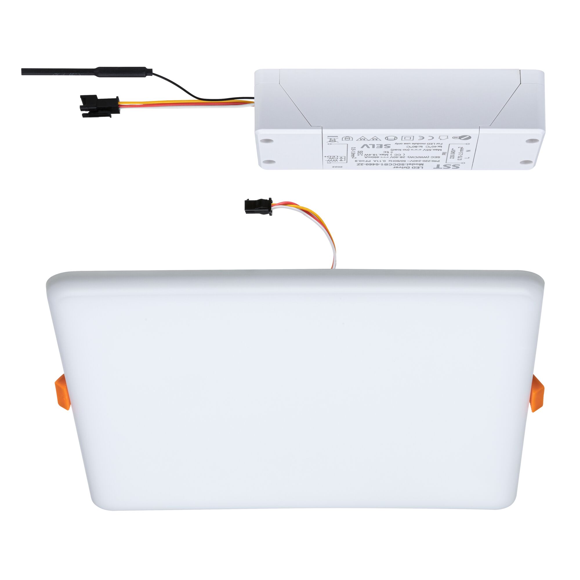Rectangular white LED panel with matching LED driver and connection cable for indoor lighting