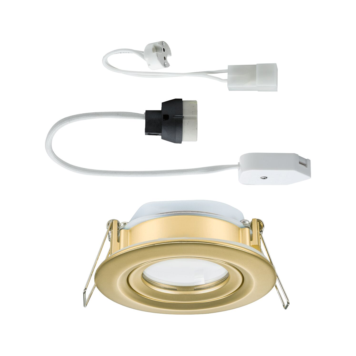 Round gold metal recessed spotlight housing with white cable and connectors for LED lighting installation
