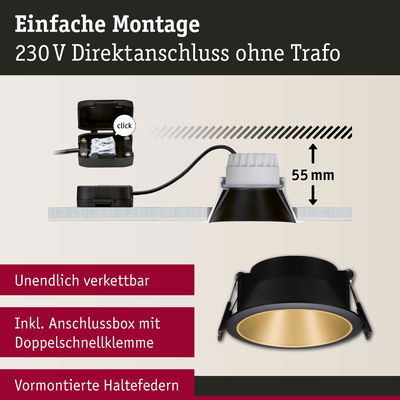 Schwarzer Einbaustrahler mit goldfarbener Innenseite, 55 mm Einbautiefe, einfache 230 V Direktmontage ohne Trafo