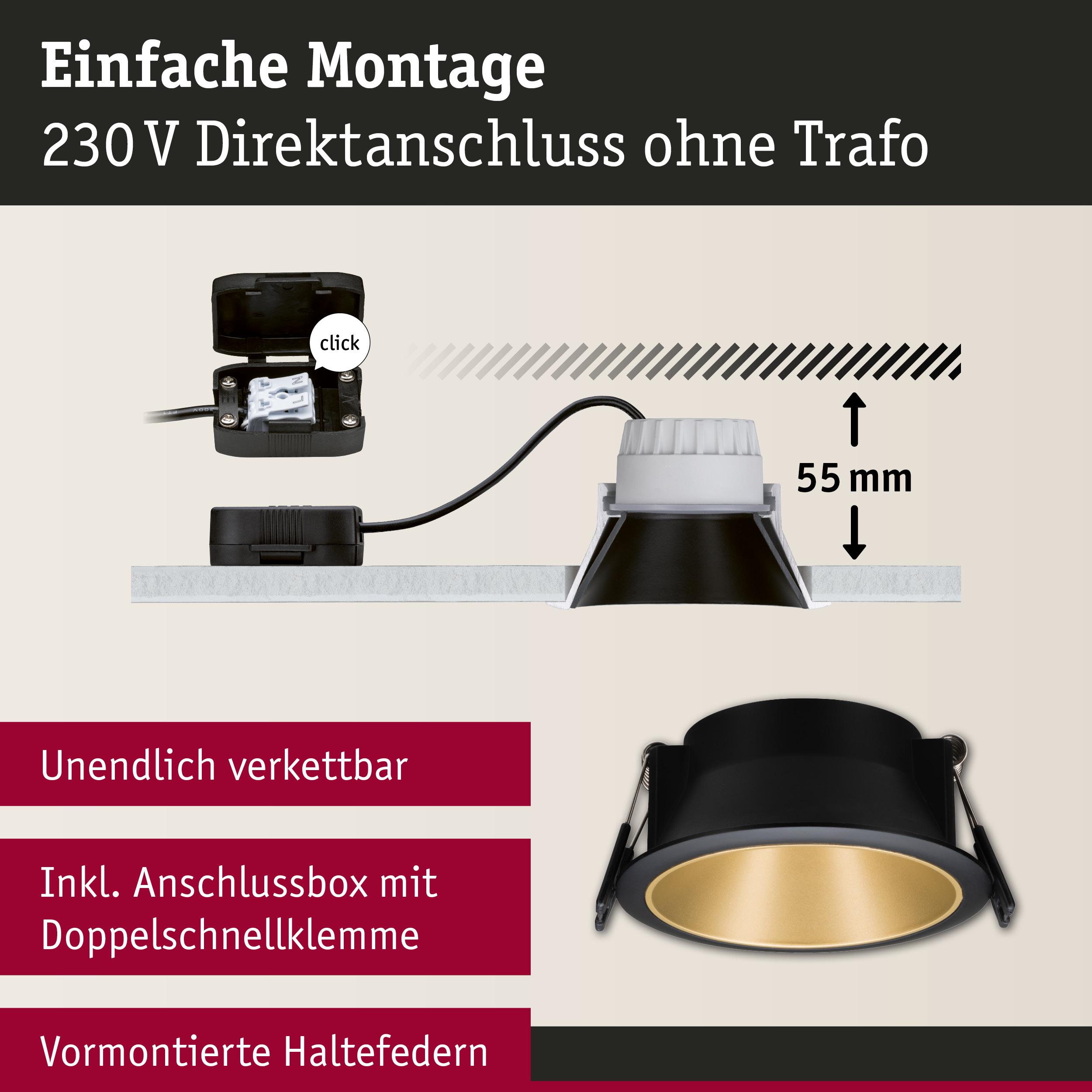 Schwarzer Einbaustrahler mit goldfarbener Innenseite, 55 mm Einbautiefe, einfache 230 V Direktmontage ohne Trafo
