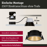 Schwarzer Einbaustrahler mit goldfarbener Innenseite, 55 mm Einbautiefe, einfache 230 V Direktmontage ohne Trafo